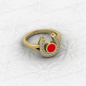 Bague de créateur en forme de fer à cheval en or rose plaqué or 14 carats de qualité supérieure, avec corail rouge de 5 mm, pour femme, Noël, faite à la main - Product Image 3