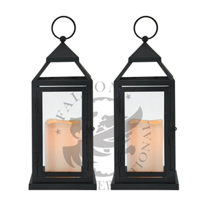 Lanterne rectangulaire moderne à long pilier Base en bois avec cadre métallique de couleur noire pour la décoration de Noël - Product Image 3