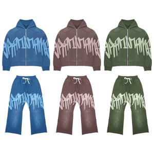 Men's Custom Eco-Friendly <b>Fleece</b> Zip up <b>Hoodie</b> and Flare Raw Hem Trouser Sweat Suits Winter Tracksuits - Product Image 2