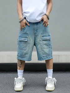 กางเกงยีนส์ขาสั้นขากว้างสำหรับผู้ชายกางเกงเอวสูงแบบลำลองกางเกงแฟชั่นผ้าเดนิมผ้าฝ้าย100% ออกแบบได้ตามต้องการ - Product Image 3
