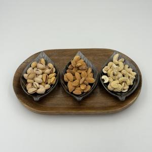 ชุดชามใส่ผลไม้อบแห้งรูปใบไม้อะลูมิเนียมยอดนิยม 3 ใบ พร้อมถาดไม้  ตกแต่งและสกรีนโลโก้ได้ตามต้องการ สำหรับงานเลี้ยงที่บ้าน งานแต่งงาน  ขั้นต่ำในการสั่งซื้อน้อย - Product Image 1