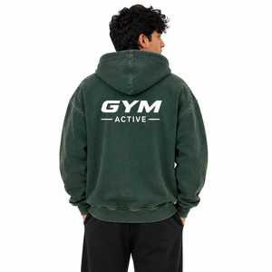 Men Dark <b>Green</b> Regular Fit Anti-Wrinkle Acid Wash Solid 2 1 Lightweight Pullover Hoodie Custom <b>Gym</b> Active Logo Fleece Streetwear - Product Image 3