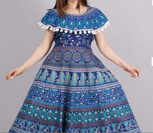 Robe d'été décontractée pour femme, style bohème, taille naturelle, en coton écologique imprimé à la main avec des motifs floraux indiens, lavable et respirante - Product Image 1