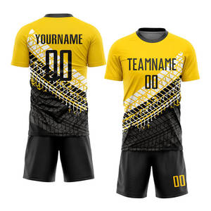 เสื้อเจอร์ซีย์เครื่องแบบฟุตบอลผ้าถ่ายเทความร้อนสีทอง-ขาวดำทำ100% ผ้าโพลีเอสเตอร์สำหรับผู้ใหญ่ - Product Image 1