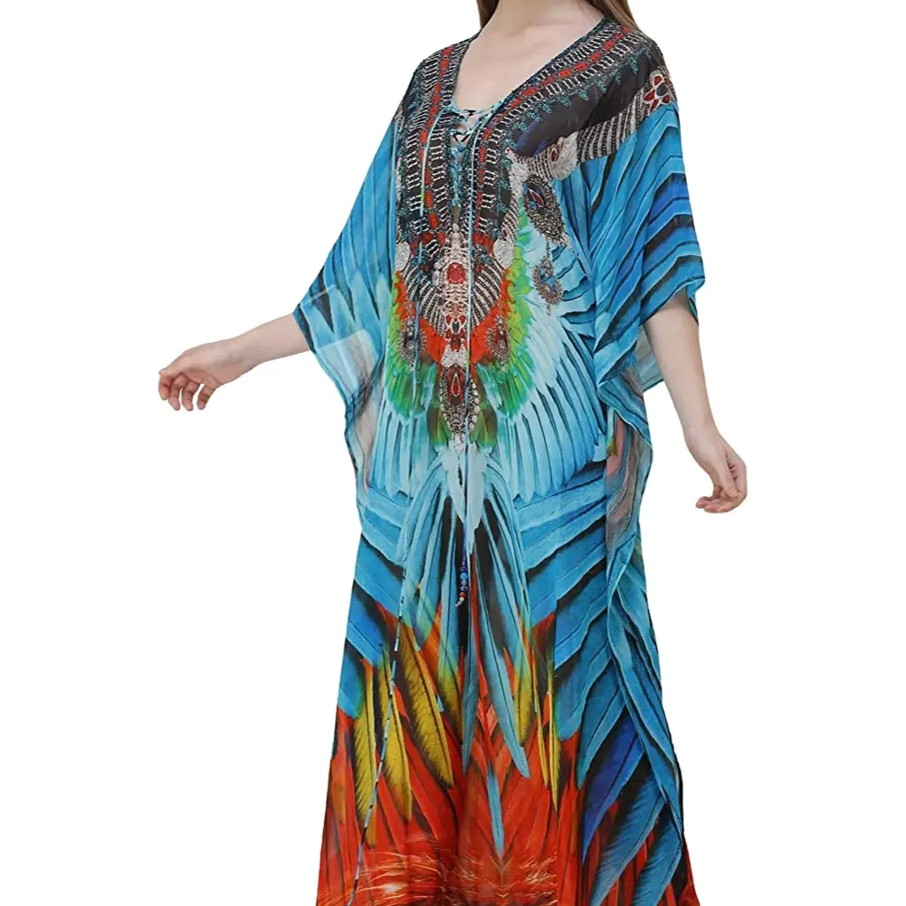 Uniek Ontwerp Strandkleding Lange Midi Kaftan Digitale Print Kaftan Jurken Voor Vrouwen