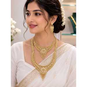 Parure de bijoux plaqué or en laiton, collier long et boucles d'oreilles, style Harem, pour mariée, mariage et fiançailles, inspiration Inde du Sud - Product Image 2