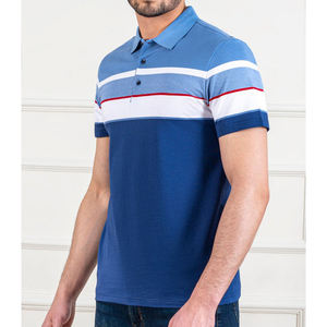 Polo ejecutivo de secado rápido para hombre al por mayor, Polo de golf azul marino con manga cuello rayada y logotipo personalizado que absorbe la humedad - Product Image 1