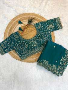 Sari de Seda Espacial Pura Premium con Bordado de Diseño Mango y Lentejuelas Zari, Ropa India para Mujer en Existencia - Product Image 4