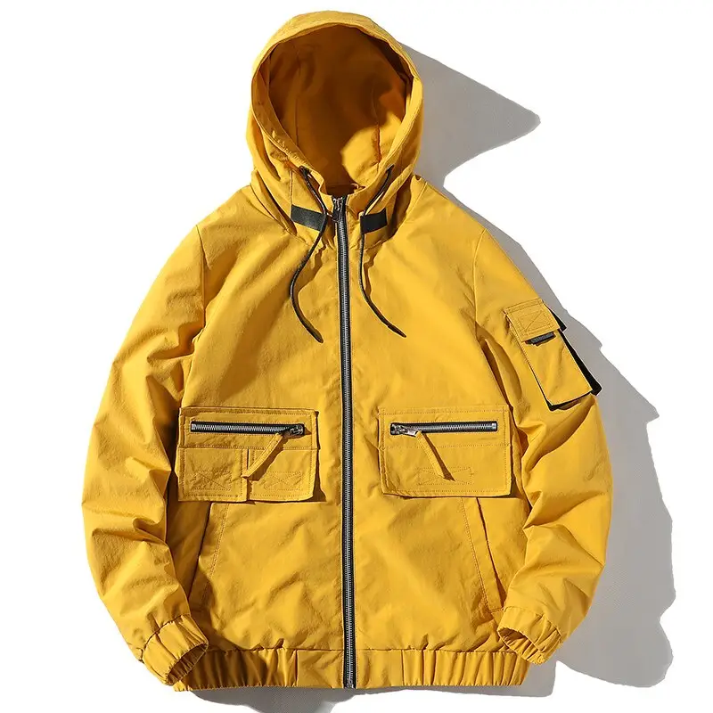 Jaket Hoodie polos warna kuning, jaket Windbreaker bernapas tahan angin dengan saku, jaket kustom berlapis