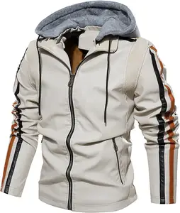 袖子条纹白色皮夹克带兜帽休闲正品PU皮夹克冬季保暖防水夹克