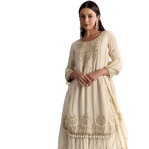 Élégant neutre Chinon Kurta Palazzo ensemble avec Resham et paillettes travail adapté pour les femmes en gros vêtements ethniques personnalisés - Product Image 1