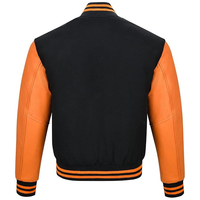 Blouson universitaire homme en toile épaisse noir et orange avec manches en cuir PU, col montant, style décontracté pour l'automne
