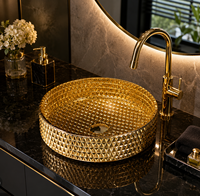 Vasque en verre artistique pour extérieur, lavabo de comptoir de salle de bain, luxe, en cristal facetté, décoratif, vente en gros directe usine Chine, garantie 3 ans