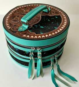 Trendy Fashionable Genuine Leather Portable Lightweight Cosmetic Vanity <b>Bag</b> <b>Hippie</b> Bohemian Western Style Hand Carving Teal Soft - Product Image 1