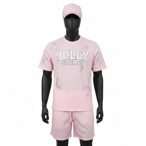 Ensemble de vêtements de sport pour homme en polyester de haute qualité et short en mesh 180 GSM léger rose avec logo thermocollé Ensemble de jogging pour homme - Product Image 6