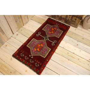 Tapis turc vintage 1,7x3,5 pi (52x108 cm), tapis rouge ombré - Product Image 1