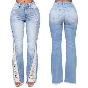 2024 Nova Chegada Algodão Respirável Perna Larga Conforto-Stretch Denim <span class=keywords><strong>Jeans</strong></span> Escuro Plus Size Decoração Do Laço OEM/ODM