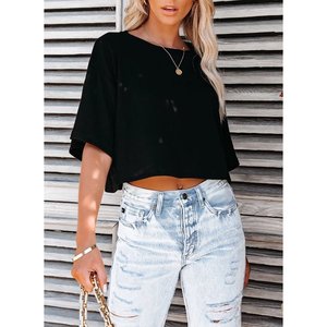 T-shirts courts en coton surdimensionnés de haute qualité personnalisés en gros, col en V, blancs, vintage, taille plus, logo tissé pour femmes - Product Image 6