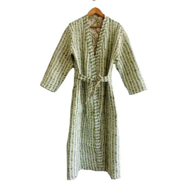 Áo Choàng Tắm Kimono Chần Bông Cotton Thủ Công Ấn Độ 100% Trang Phục Ngủ Cô Dâu Gợi Cảm In Hình Khối Tay Áo Choàng