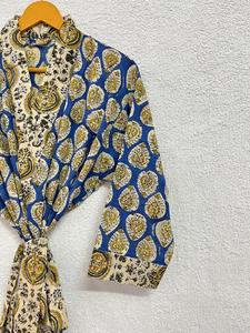 เสื้อคลุมอาบน้ำกิโมโนนุ่มสบายพิมพ์ลายดอกไม้ผ้าฝ้ายความยาว100% รอบเอวธรรมชาติสำหรับอาบน้ำชายหาดกลางคืนซักได้ - Product Image 4