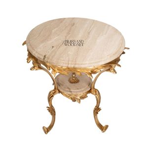 Mesa Auxiliar Redonda de Dos Niveles de Lujo con Tapa de Mármol Beige Natural y Marco de Hojas de Latón Dorado Ornamentado para Decoración de Interiores de Palacio - Product Image 1