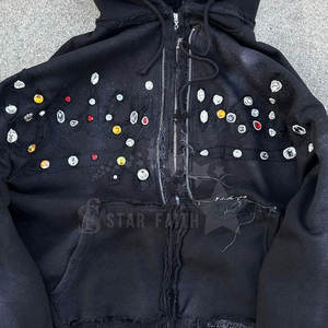Sweat à Capuche Femme Respirant Lavé à l'Acide avec Strass Design Élégant à Paillettes Mode Décontractée Loose Fit Zipper Hoodies - Product Image 4
