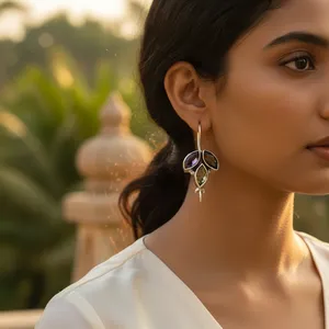 925 Silver Gemstone Leaf Drop <b>Earrings</b> for Women Gold Plated <b>Diamond</b> <b>Dangle</b> <b>Earrings</b> Geometric Pattern for Wedding Party Gift - Product Image 2