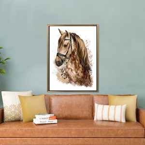 งานศิลปะบนผืนผ้าใบพิมพ์ลาย: ภาพม้าสีน้ำตาล ตกแต่งสไตล์ชายฝั่ง กรอบสีทอง - Product Image 1