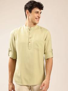 <b>men</b> <b>green</b> ivory coloured solid mandarin collar kurta short kurta polyester viscose long sleeves curved hem kurta <b>for</b> <b>mens</b> - Product Image 3