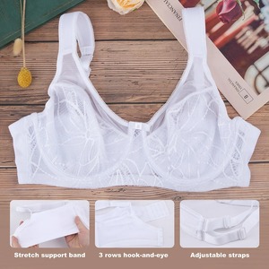 Sujetador con aros de talla grande, minimizador floral de encaje Cobertura completa Sujetadores sin relleno para mujeres Soporte de elevación Comodidad - Product Image 4