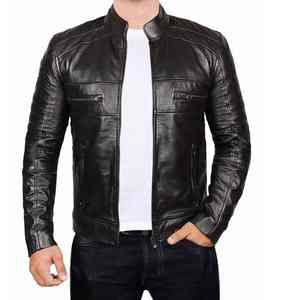 Veste de motard en cuir d'agneau pour homme, taille américaine, col montant en toile, respirante, coupe-vent, pour l'hiver - Product Image 1