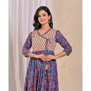 Blue Jaal Jaipuri <b>Chikankari</b> Embroidered Long Angrakha Dress Soft Cotton Indian Ethnic Party Wear with Net Fabric - Product Image 1