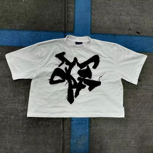 Alta calidad 100% algodón Hip-Hop Boxy camiseta personalizada recortada de gran tamaño de cuello alto apliques bordado de secado rápido de punto Unisex - Product Image 3