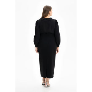 Black Woven <b>Wrap</b> Skirt with Ruffles and Floral Embroidery for Work - Product Image 3