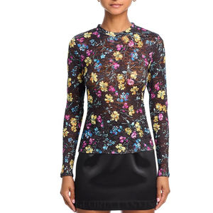 Fabricante de ropa de mujer Tops de encaje fruncidos florales Camisas de manga larga con cuello redondo Estilo de Jersey Top de ajuste regular para mujer - Product Image 1