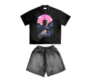 Streetwear surdimensionné en coton à manches courtes pour hommes, lavage à l'acide vintage, logo personnalisé, ensemble de shorts imprimés à la décoloration pour enfants - Product Image 6