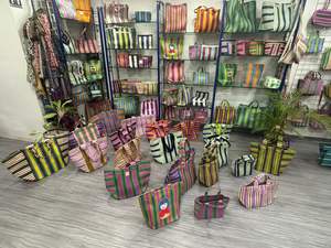 Stylish Everyday Recycled <b>Nylon</b> Colorful Woven Striped Handbag Compact Lightweight Eco-friendly Reusable for Supermarket Use - Product Image 3