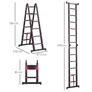 HOMCOM 12 Step Folding <b>Telescopic</b> <b>Ladder</b>, Aluminum and Nylon, 379x67. 5x11 cm, Black and Red - Product Image 3