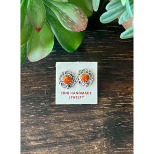 Zuni Handmade Orange Opal & <b>Sterling</b> <b>Silver</b> Flower <b>Stud</b> Earrings Bezel Setting for Gift - Product Image 1