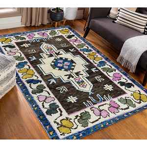 Alfombra Turca con Medallón Azul: Patrón Étnico, Alfombra Impresa Lavable a Máquina, Alfombra de Chenilla - Product Image 1