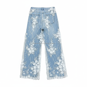 Pantalones Vaqueros Acampanados con Parches de Encaje Blanco para Mujer, Estilo Y2K, Casual, Streetwear, Alta Calidad, Alta Elasticidad, Retro, OEM/ODM - Product Image 4