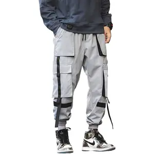 2024 Mode Heren Grijs Nylon Hiphop Stijl Cargobroek Met Grote Riemen Zakken Over Heren Cargo Joggingbroek