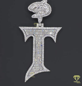 Baguette corte VVS Lab Grown Letter "T" colgante helado colgante personalizado alfabeto letra 925 plata esterlina Hip Hop colgante - Product Image 3