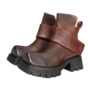Botas de Tobillo CHUKKA de Cuero Genuino Negro para Mujer, Tacón Grueso, Plataforma, Cordones, Hebilla, Punta Cuadrada, Antideslizantes, para Todas las Temporadas - Product Image 2