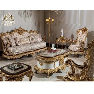 Conjunto de sofá tallado de estilo italiano para sala de estar, juego de 5 asientos de lujo, oro real, tallado dorado antiguo - Product Image 1