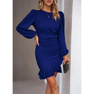 Jane's Women's Elegant Long Sleeve Crew Neck Ruffled Front Crepe <b>Mini</b> Dress - A-Line Silhouette for Chic Evening Wear - Product Image 2