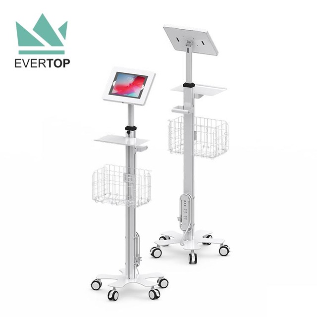 TC03-C Height-Adjustable Hospital Tablet Trolley for iPad Trolley Tablet Holder Floor Cart with Docking Station Basket