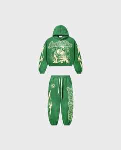 Fabricantes de algodón estampado gráfico pulóver con capucha y pantalones de chándal Sun Faded ácido lavado pesado chándal con cordón - Product Image 3