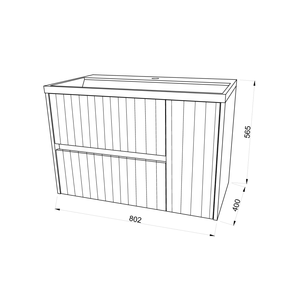 Meuble de salle de bain minimaliste mural Cannes KORICINI 80 cm en chêne doré côtelé, deux pièces, avec lavabo intégré - Product Image 3