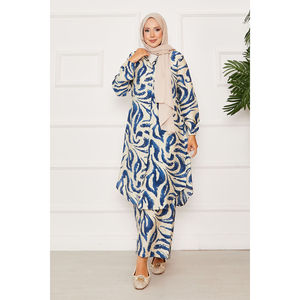 Navy Blue Full-Length Button-<b>Down</b> Crepe Two-Piece Casual Set XL Size Elasticated Sleeves Minimum Order 2pcs - Product Image 1